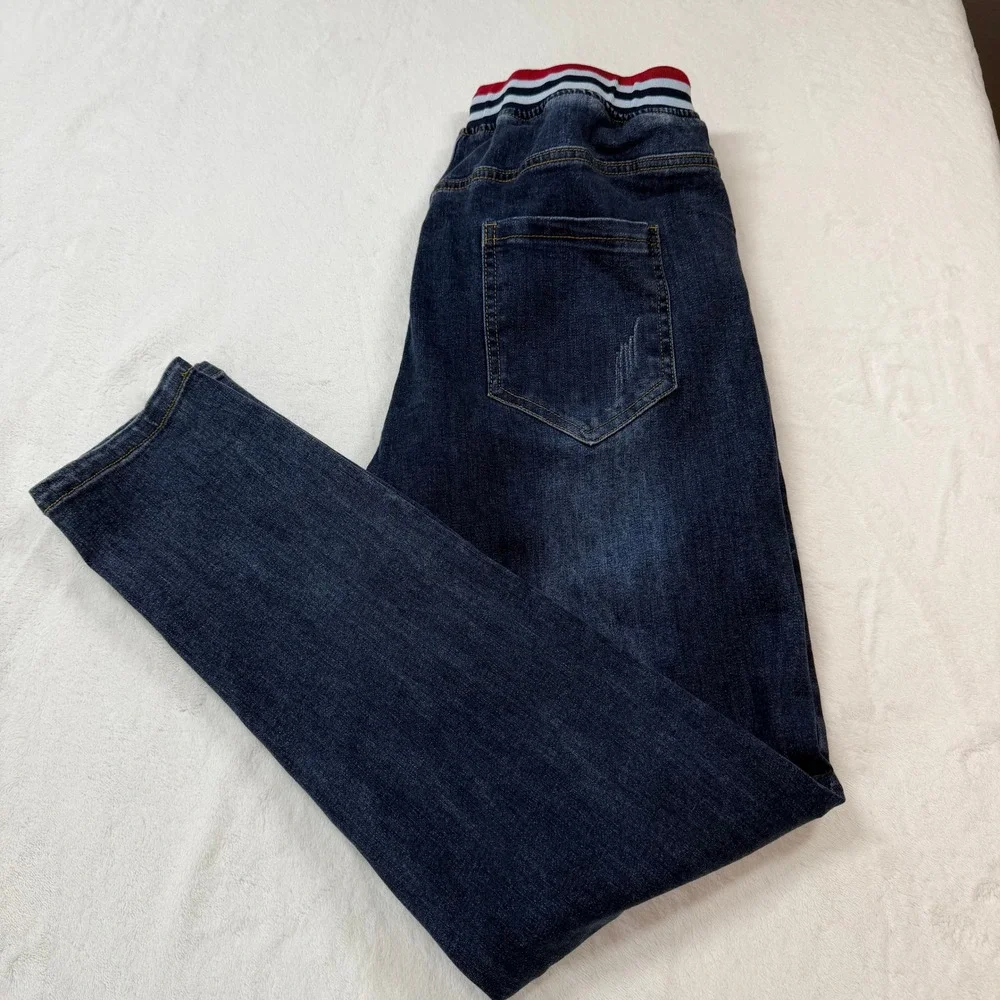 Ferryboat 76 Jogger Jeans Mens 38 Blue‎ Good Elastic Waist Drawstring Distressed